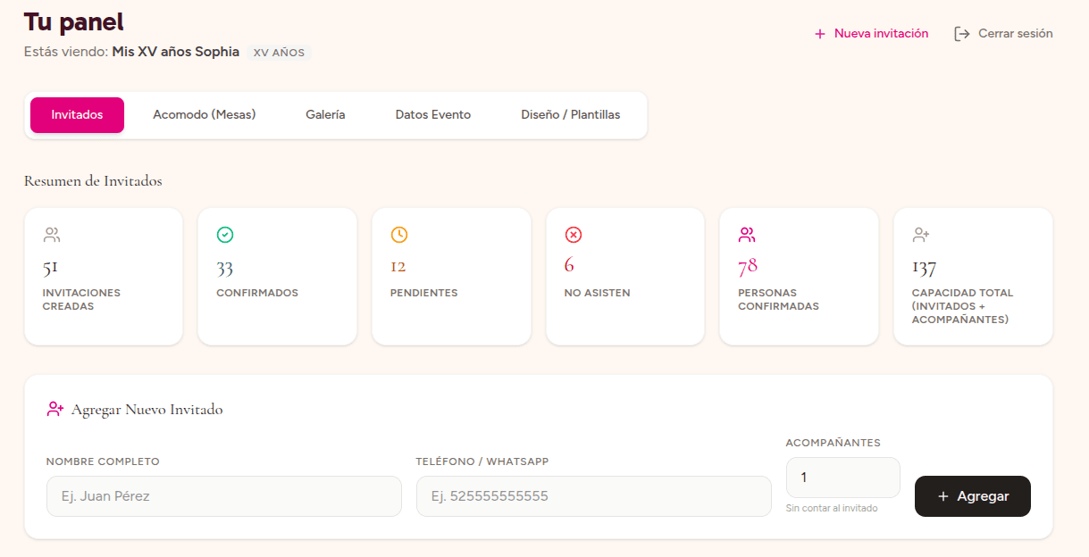 Panel de Guateke con el resumen de invitados: 51 invitaciones, 33 confirmados, 12 pendientes y 78 personas confirmadas